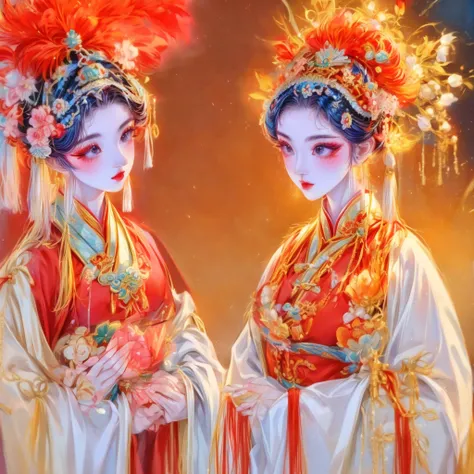 a chinese opera female and a chinese opera male wearing traditional coloured dressed clothes in a scene on a theater . detailed ...