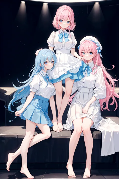 three sisters of different heights、a cute white blouse with a cute light blue bra showing through it、cute pink flare skirt、light...