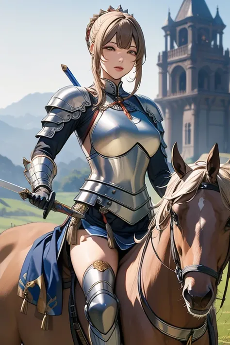 (masterpiece, best quality),Woman in armor holding a sword in front of a bison, Armor Girl, Age 25,Mature Woman, fantasy,, Blonde woman, Granblue Fantasy, female knight, Artoria Pendragon, Different world, 4k, 