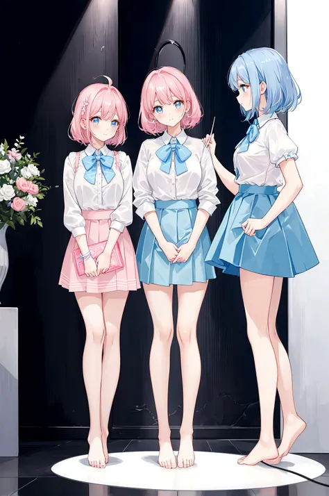 three sisters of different heights、a cute white blouse with a cute light blue bra showing through it、cute pink flare skirt、a cut...