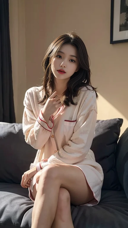 1 Girl,Sit on a comfortable sofa,Soft Light,Chinese Beauty, Lace pajamas,dress,Dark-haired,Length of hair