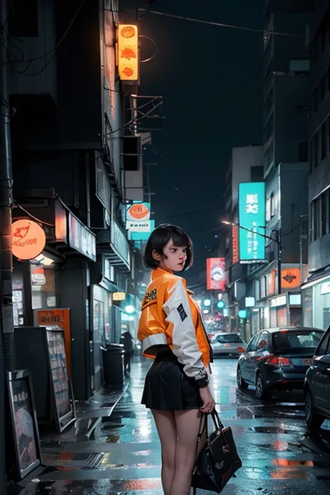 In the style of colorful Moebius, with flat colors and a 2D game art style, a girl with short hair stands on a city street corner. She wears an orange jacket and white skirt, with blue eyes and dark brown straight bob cut hair. She is looking at the viewer...