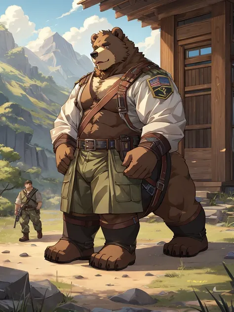 alone, kanno, (bear),furry,bara,fur taur,beartaur, humanity, male, ((brown body)), army, there&#39;s a gun on the floor, beartai...