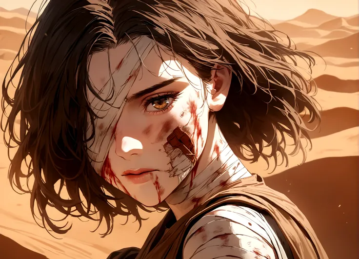 (Daisy Ridley as Star Wars Ray, patch over one eye, bloody beaten and battered, bandaging her wounds, patch over one eye), desert world
