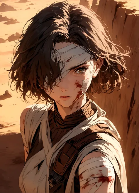 (Daisy Ridley as Star Wars Ray, patch over one eye, bloody beaten and battered, bandaging her wounds, patch over one eye), desert world
