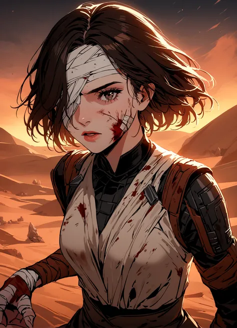 (Daisy Ridley as Star Wars Ray, patch over one eye, bloody beaten and battered, bandaging her wounds, patch over one eye), desert world
