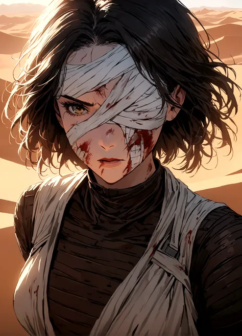 (Daisy Ridley as Star Wars Ray, patch over one eye, bloody beaten and battered, bandaging her wounds, patch over one eye), desert world
