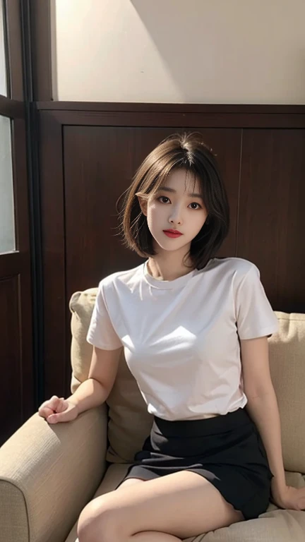 1 Girl,Sit on a comfortable sofa,Soft Light,Chinese Beauty, Short sleeve,Short suit skirt,,Dark-haired,Length of hair