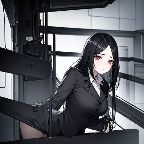 masterpiece, best quality, Long black hair, female, A dull look, office worker suit, girl, ( There is only one person ), A puzzled face