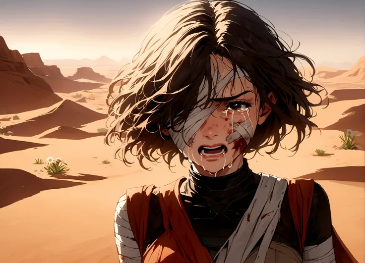 (Daisy Ridley as Star Wars Ray, patch over one eye, bloody beaten and battered, bandaging her wounds and crying, patch over one eye), desert world
