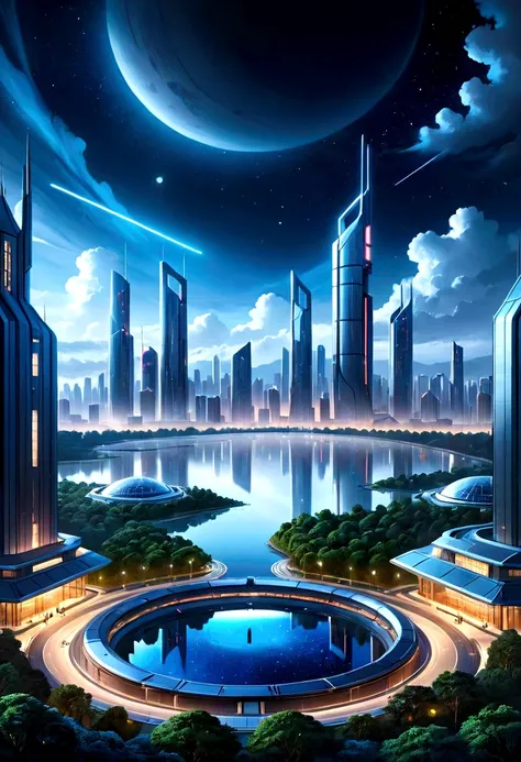 City skyline view with lake and park, (Cyberpunk: 1.3), (Night: 1.2), (Starry Sky), Illustration by Cha Shibiao, Shutterstock, Art Nouveau, Shenzhen, Shenzhen, Shenzhen. Guangjian, ultra-wide vision of the urban landscape, sci-fi architecture that breaks t...