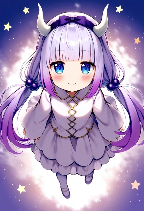  {kanna_kamui_kobayashisanchinomaidragon:1.15}, long_hair, light_purple_hair, blue_eyes, hair_ornament, bangs, blush, multicolored_hair, twintails, blunt_bangs, hair_beads, beads, hairband, gradient_hair, low_twintails, horns, dragon_horns, purple_hair,chi...