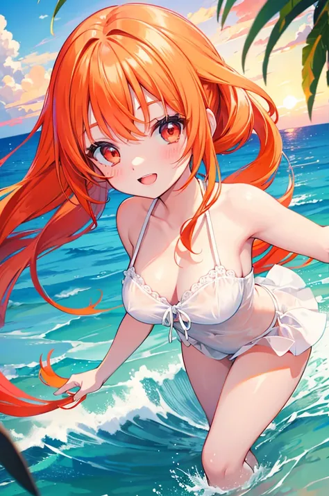 Orange Hair　Half Twin Tail　Red Eyes　beautiful girl　blue sea　White sand beach　Light of the sun　smile