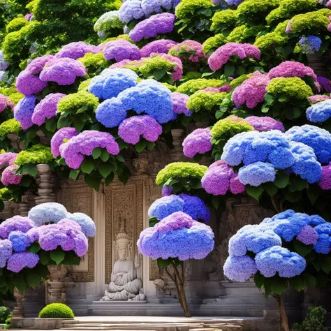 A temple full of blooming hydrangeas