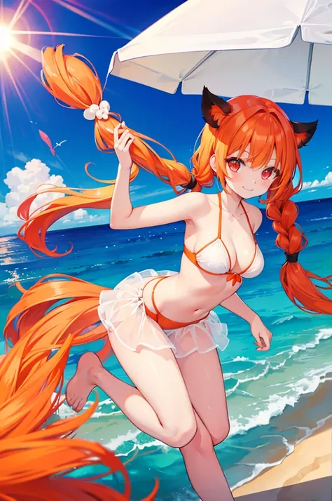 Orange Hair　Half Twin Tail　Red Eyes　beautiful girl　blue sea　White sand beach　Light of the sun　smile