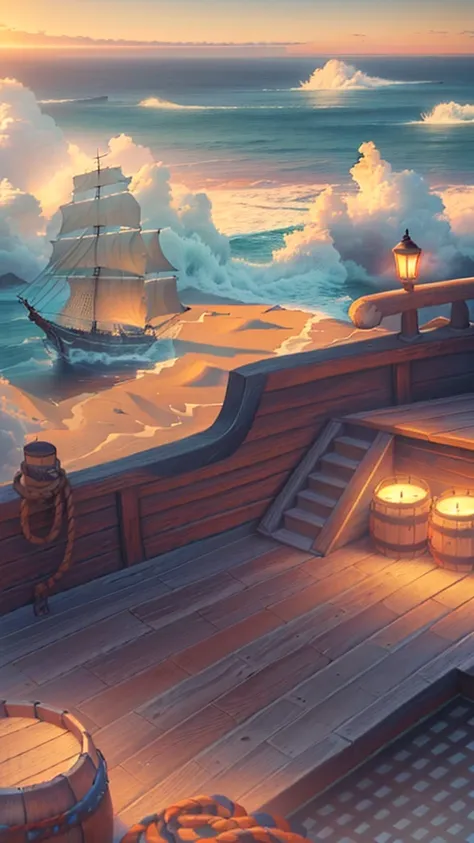 There is a pirate ship on the sea. Barrels and scattered reins are neatly placed on the wooden deck. A kerosene lamp is placed on the guardrail for lighting.，In the distance, two ships are floating on the rough sea.，An island in the distance，There is also ...