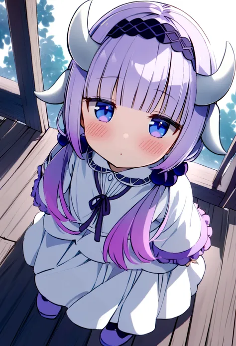  {kanna_kamui_kobayashisanchinomaidragon:1.15}, long_hair, light_purple_hair, blue_eyes, hair_ornament, bangs, blush, multicolored_hair, twintails, blunt_bangs, hair_beads, beads, hairband, gradient_hair, low_twintails, horns, dragon_horns, purple_hair,chi...