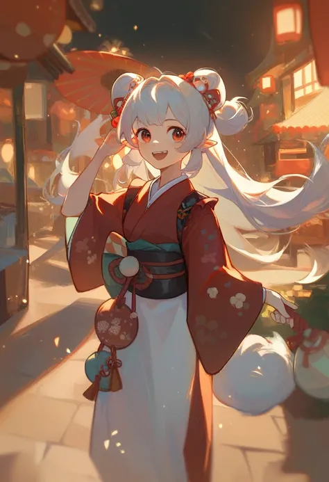 1 girl, long hair, festival outfit, night, tanghulu, cute, smile, kimono, short skrt, detail outfit, detail hair style, flying h...