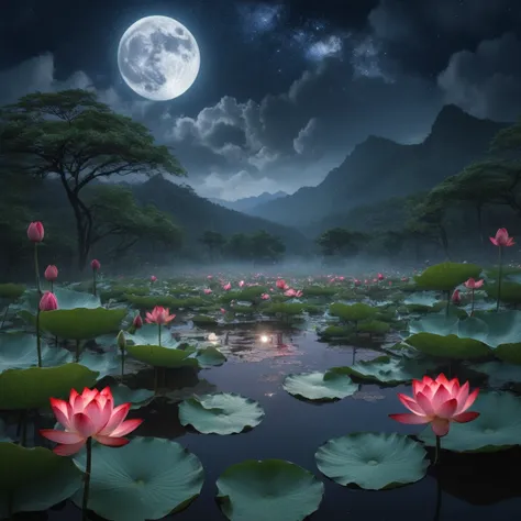 at night, only moonlight illuminates, crooked moon, mountains in the distance, beautiful large lotus flowers nearby, large red lotus flowers, water flows nearby, frogs, summer full of joy, crooked moon in the sky mixed with stars, awesome wallpaper, rainy ...