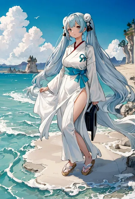 (One girl),Illustrated,whole body,Landscape,A serious expression,White dress,Turquoise Hair,Twin tails,Pitiful,(The girl is depicted large:1.4),Style of Japan painting、Beach waves splashing,noon,Small Background,Ocean,Mountain,Tower,plane,stall,エメラルドブルーのOc...