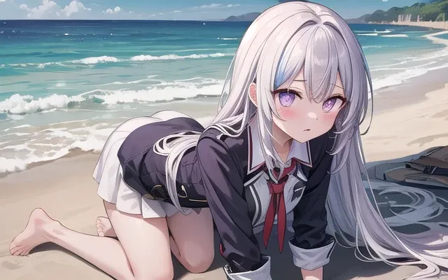 1girlsolo, kneeling, very long hair, two-tone hair, absurdly long hair, despair, bright pupils, Lavender eyes, uniform, beach, absurdres, highres,