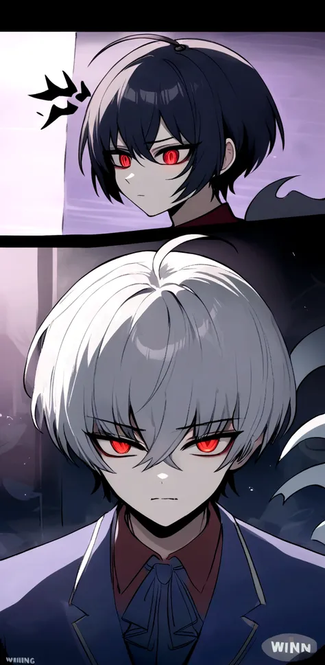 White-haired boy, devil, red vertical pupil eyes, shining eyes, sharp nails, black nails, sharp fangs,short bob hair, expressionless, animated movie, devil소년, Superpowers, The Power of Darkness