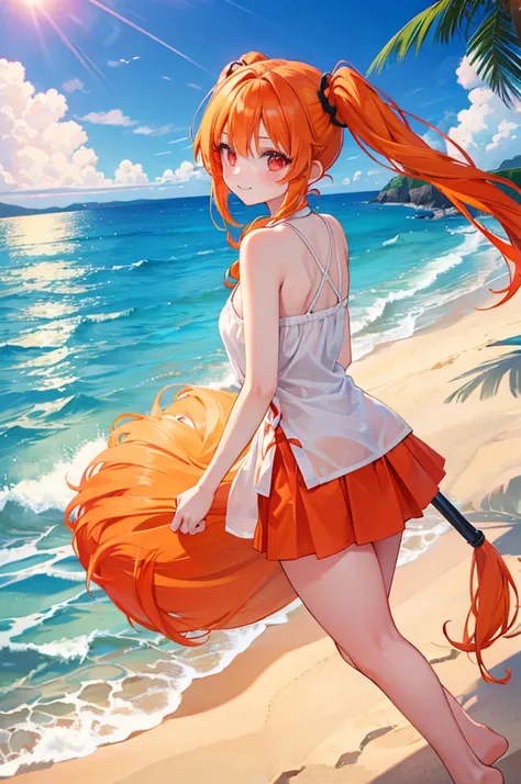 Orange Hair　Half Twin Tail　Red Eyes　beautiful girl　blue sea　White sand beach　Light of the sun　smile