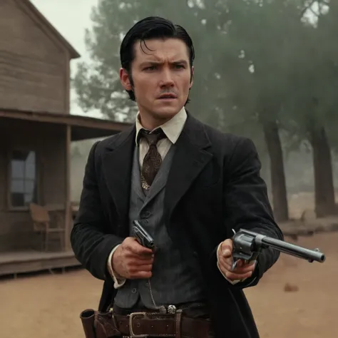 cinematic film still of  a man in a suit holding a gun,solo,shirt,black hair,1boy,holding,weapon,male focus,necktie,teeth,holding weapon,gun,formal,suit,holding gun,handgun,realistic , gun, handgun, pistol, revolver, wild west, western, red dead redemption...