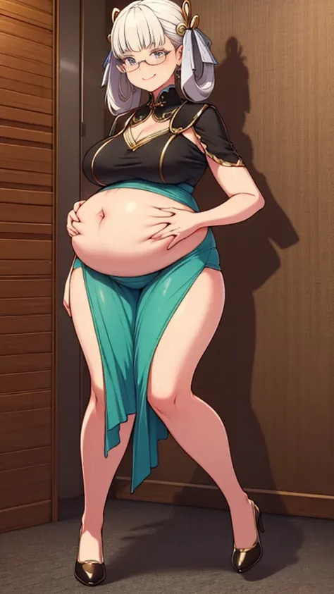 (full body, glasses), an image of a pregnant girl with her belly on full display. she is a very voluptuous lady, she has a smug ...