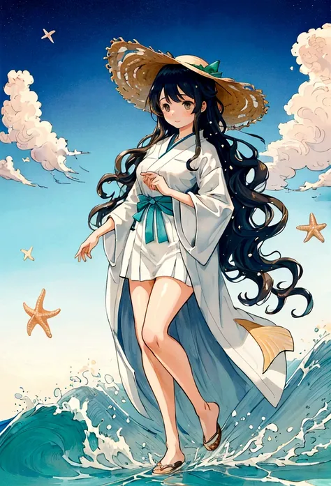 Illustration of a girl wearing a straw hat,Standing stunned,(The girl is depicted large:1.4),Style of Japan painting,Beach waves splashing,Starfish,White shells,Emerald blue sea background,Cumulonimbus cloud debris,Highest quality,Ultra-high resolution,Gol...