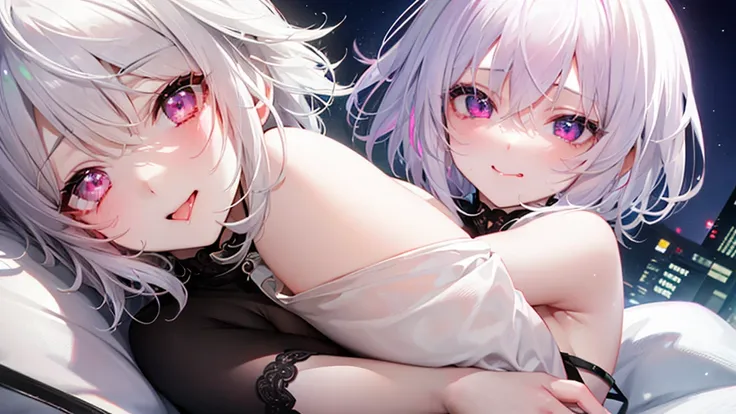 White Hair、Pink Eyes、Short Hair、laughing、Only one girl、alone、Cute、Face is close、Night、laughing、At the bed、Blushing、Erotic、Stick your tongue out、Only one person、Sweating