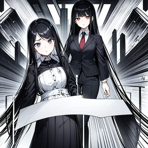 masterpiece, best quality, long straight hair, female, Irritated expression, office worker suit, girl, ( There is only one person ), embarrassed expression, big bust, black hair