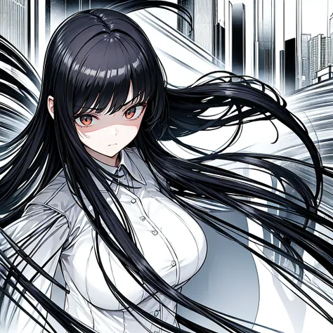 masterpiece, best quality, long straight hair, female, Irritated expression, office worker suit, girl, ( There is only one person ), embarrassed expression, big bust, black hair