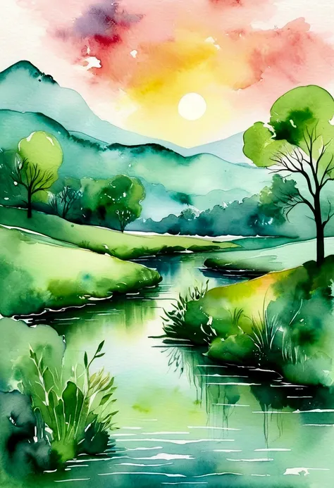 The beginning of love, Watercolor, painterly illustration, Abstract nature landscape, 豊かなWatercolor, Watercolor illustration style, デジタルWatercolor painting, Watercolor digital painting, Digital Landscape Painting, abstract scenery, Calm light green, Expres...