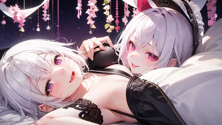 White Hair、Pink Eyes、Short Hair、laughing、Only one girl、alone、Cute、Face is close、Night、laughing、At the bed、Blushing、Erotic、Stick your tongue out、Sweating