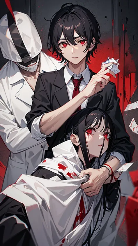 Mental hospital, male, doctor, black hair, red eyes, bandages, blood stains, medicine 