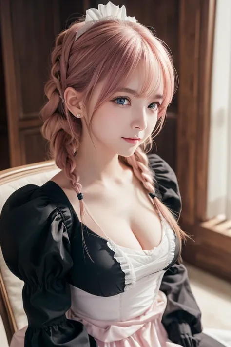 One Girl, Hoshino (Blue Archive), alone, Heterochromia iridis, Pink Hair, Long Hair, Ahoge, Hello, valley, Big Breasts,Show Viewer, Sitting, ID card, Open your mouth, very Long Hair, smile, bangs, blush, Hair between the eyes, (8k, Raw photo, Highest quali...