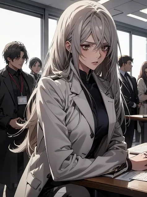 (Confused, High resolution, Very detailed), 1 female, Silver Hair,Long Hair,Reddish brown eyes,White and black pilot suit,White long coat,Navy blue skinny pants,24th generation,beauty,mature,thin,quiet,Calm,Sit at a conference room table,talk,Intimidation,...