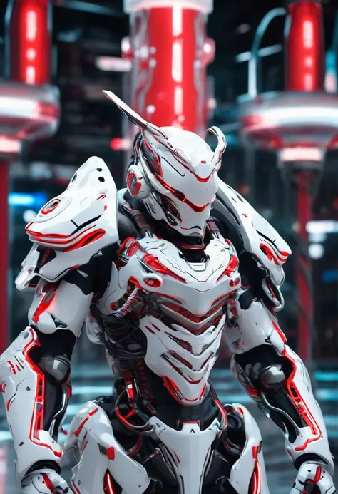 the white cyborg with skull face mask,  focus on advanced technology and agility. Equip the Exoskeleton Armor, the Enhanced Sensors for quick repositioning. ultra realistic, 8k uhd, fully weapon gears,  solid armor,  at center body got nano tech in red neo...