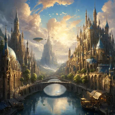 Create an incredibly amazing and fantastical image with "Award Winning Details 10K Resolution." Imagine an elaborate fantasy cityscape set in a vibrant, magical world. The city is built on multiple levels, with towering spires, grandiose castles, and intri...