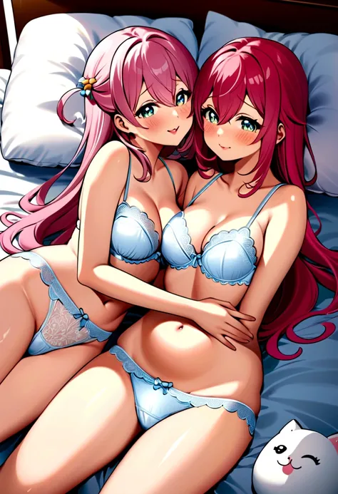 (Cute and adorable teenage girls in a playful slumber), (detailed and dainty), (shoujo-ai theme), (two girls on a single bed), (wearing matching lacy underwear), (tickling game), (anime-inspired style), (innocently sweet and hot), (curvaceous with chubby c...