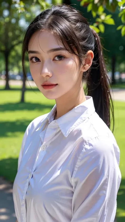 White collared shirt,jeans,outdoors,Urban Park,On the lawn,One woman,close up face,fully body photo,masutepiece, The highest image quality, High quality, the background is clear，Beautiful woman, Japanese, Detailed, Ultra-detailed, finely detail, hight reso...