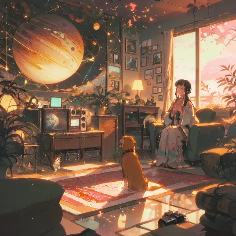 ((anime:1.4,illustration)),(masterpiece, top quality, best quality),(ultra-detailed, absolutely resolution),((16k, high res)), (((Interior, small living room, planetarium on the whole ceiling, boy and dog looking up)) ((cosy lofi illustration:1.4)), ((anim...