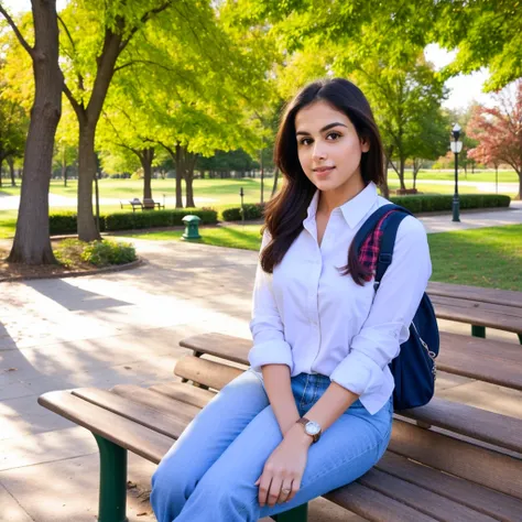 araffe sitting on a bench in a park with a backpack, sitting on a park bench, sitting on bench, casual photography, casual pose,...