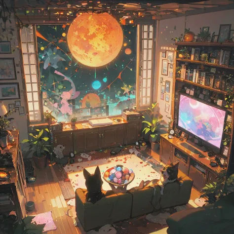 ((anime:1.4,illustration)),(masterpiece, top quality, best quality),(ultra-detailed, absolutely resolution),((16k, high res)), (((Interior, small living room, planetarium on the whole ceiling, boy and dog looking up)) ((cosy lofi illustration:1.4)), ((anim...