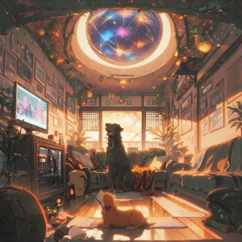 ((anime:1.4,illustration)),(masterpiece, top quality, best quality),(ultra-detailed, absolutely resolution),((16k, high res)), (((Interior, small living room, planetarium on the whole ceiling, boy and dog looking up)) ((cosy lofi illustration:1.4)), ((anim...