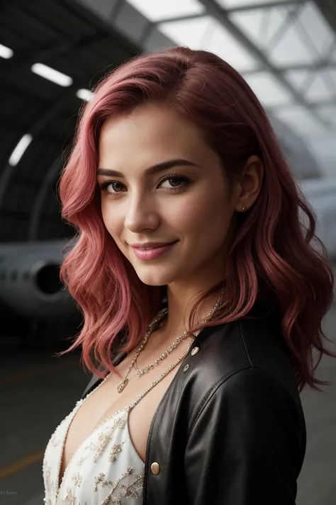 ((cinematic shot)) DV_little finger_Vicious has long curly pink hair and a cute smile and is wearing a heroine outfit. (Inside an airplane hangar overlooking the airfield) explosion, por Christopher Nolan, 35mm, F/2.8, Incredibly detailed and intricate, pe...