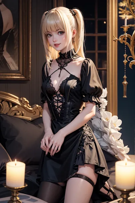 1girl, Misa Amane_(Death Note), centered girl, perfectly body, perfectly hands, solo, jewelry, holding a black note, black and white roses, ornament hair, twintails, black roses on her hair, blonde hair, long hair, seat on a bed, black dress, candles, loli...