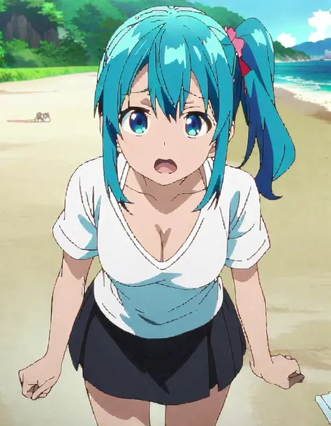 masterpiece, best quality, (anime screencap:1.3),(illustration), cute,(simple:1), (anime:1.2),solo sharp focus, 1girl, cleavage,looking at viewer, japan,beach, doyagao, open mouth,blue hair ((black mini skirt)),(simple white t-shirt)standing, side ponytail...