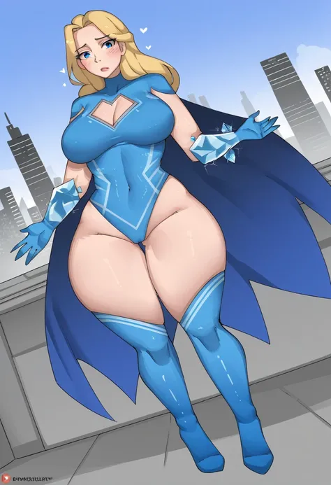 {{full body, dutch angle}} {{Artist: bob_(bobtheneet)} 1woman, mature woman, middle-aged woman, long hair, blonde hair, straight hair, blue eyes, stern eyes, emotionless face, straight face, no smile, no emotion, ice powers, cyan spandex suit, blue cape, t...